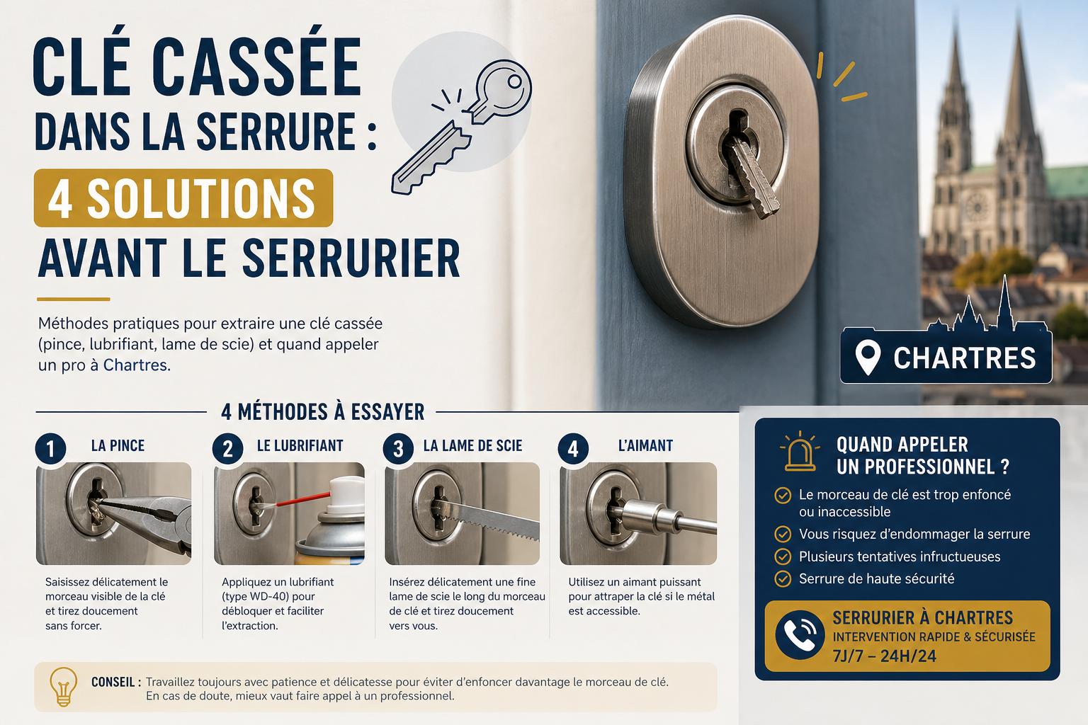 Clé cassée dans serrure : 4 solutions avant le serrurier