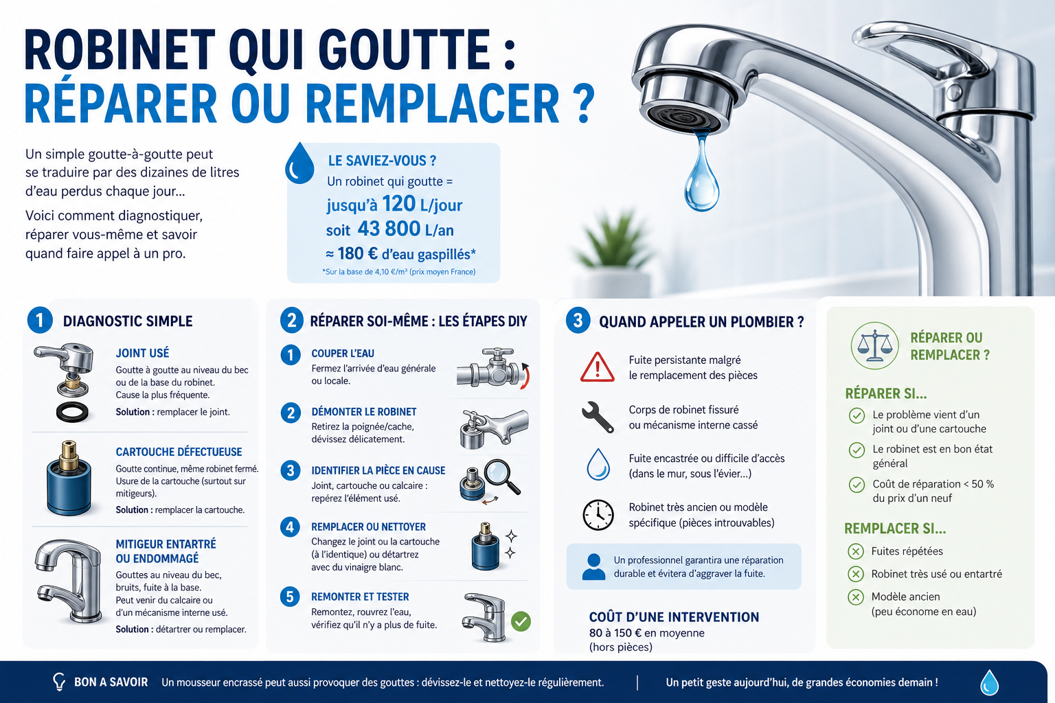 Robinet qui goutte réparation : guide 2026 pour réparer ou remplacer